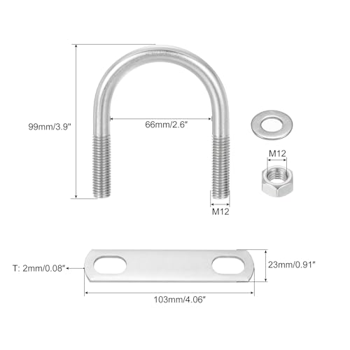 Image of uxcell Round U-Bolts, 4 Sets 66mm(2.6 inch) Inner Width 99mm Length M12 304 Stainless Steel U Clamp Bolt with Nuts and Plates, for Boat Trailer