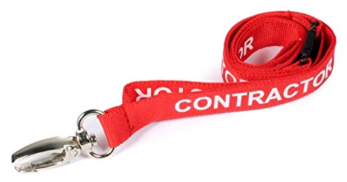 Identity-Plus: Red Pre-Printed CONTRACTOR Lanyard - Metal Lobster Clip & Safety Breakaway Point (10)