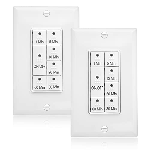 Maxxima 1875 Watt 7 Button Countdown Timer Switch Maximum 60 Minutes Delay, 1/2 HP Perfect for Bathroom Exhaust Fans, Wall Plate Included (2 Pack)