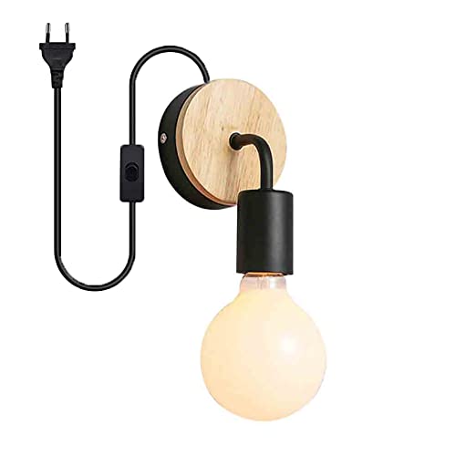 Lámpara de Pared Ajustable ángulo Moderno E27 Apliques pared Minimalista de Interior de Madera metal con Interruptor y Enchufe Europeo Focos para Comedor Dormitorio pasillo Cabecera Sala (negro)