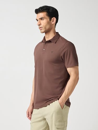 Image of TECHNOSPORT Men's Solid Slim Fit Polo Collar T-Shirt COTFLEX Half Sleeve Button Polyester for Gym Running Workout UPF50+ Anti Odour