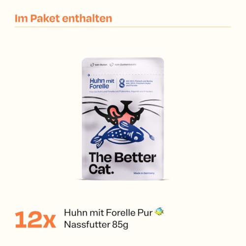 The Better Cat - Getreidefreies Nassfutter mit extra hohem Fleischanteil - Premium Katzenfutter ohne Getreide und ohne Zucker mit Präbiotika (Huhn & Forelle) 12x85g