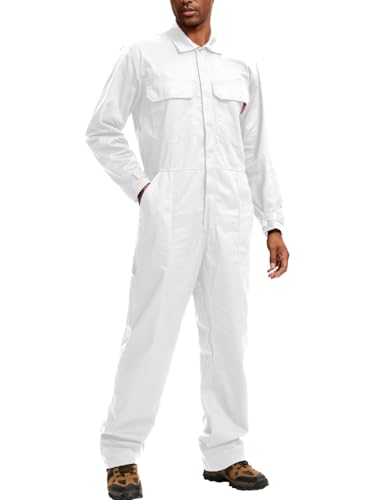 WORK IDEA Mens Coveralls Long Sleeve 100% Cotton Twill Workwear Jumpsuit Relaxed Fit White M