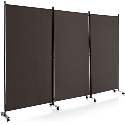Giantex 3 Panel Room Divider with Wheels, 103''W x 71''H Folding Privacy Screen, Rolling Partition Room Dividers for Home Office Studio, Freestanding Fabric Wall Divider for Room Separation, Brown