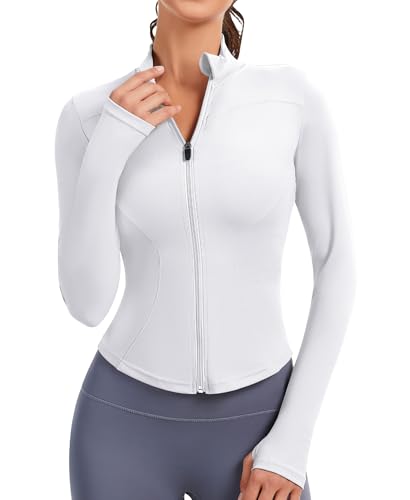 JoyGirl Sportjacke Damen Laufjacke Trainingsjacke Zip Up Slim Fit Sportlich Yoga Sportjacke Cropped Tops mit Daumenlöchern(Weiß, M)