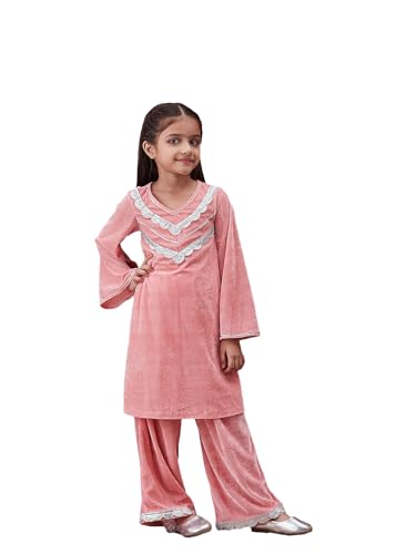 Image of Pspeaches Girls Ethnic Green & Pink Velvet Full Sleeves Solid Kurta and Pant with Dupatta 3 Piece Set