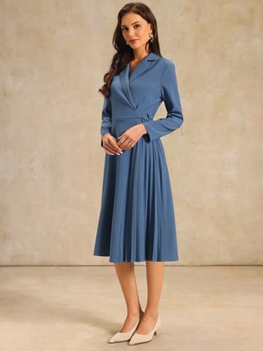 Image of Hobemty Women's Wrap Dress A-Line Pleated Midi Long Sleeve Dresses