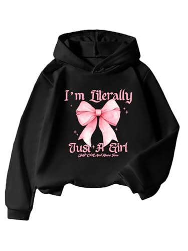 Girl's Bow Graphic Long Sleeve Hoodie Hooded Neck Casual Sweatshirt Pullover Tops