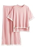 Fabric: Two piece outfits for women made of the lightweight and stretchy material, soft and comfy to wear, travel outfits for women 2 piece sets Pullover Top: Pullover knitted tops featured with the short sleeve, crew neck, drop shoulder, side split ...
