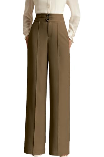 Image of SAKHWALA Women's High Waist Wide Leg Formal Trousers with Double Button Waistband | Office Wear & Casual Wear Pants with Side Pockets - Beige, Grey & Pink