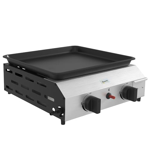 Outsunny Barbecue a Gas in Acciaio, Piastra a Gas Smaltato a 2 Bruciatori da 2.4kW, Griglia Barbecue Portatile con Piedini Regolabili e Vassoio Raccogli Grasso, Regolatore, Tubo, Argento