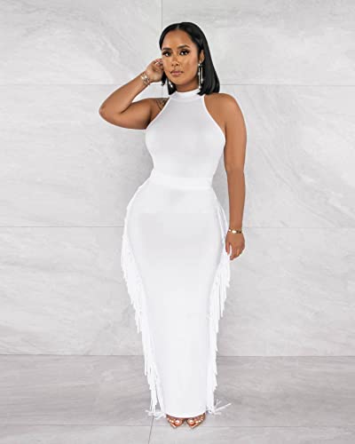 Image of YUEWOO 2 Piece Outfits for Women Sexy Crop Top Ruched Bodycon Maxi Dresses Fringe Skirt Sets Night Club Jumpsuits