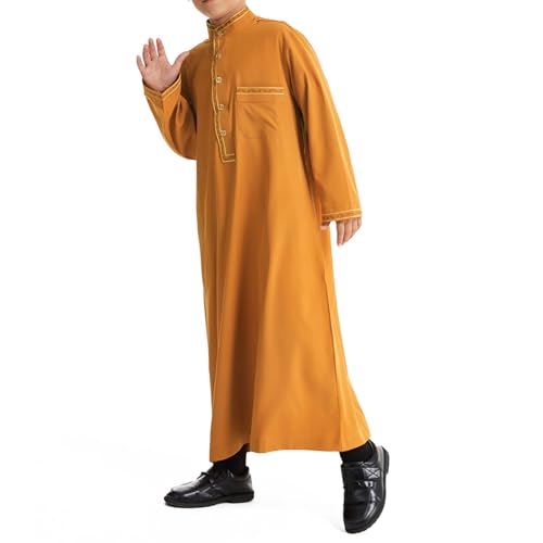 Teen Boys Islamic Thobe Solid Muslim 𝐑obe Long Sleeve Islamic Arabic Thobe Traditional Muslim Clothing Prayer Outfits2