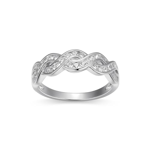 MORGAN & PAIGE .925 Sterling Silver Rhodium Plated Lab Created White Sapphire Wedding Rings for Women - Braided Infinity Design Sterling Silver Rings Women Pave Crossover Wedding Band, Size 5-9