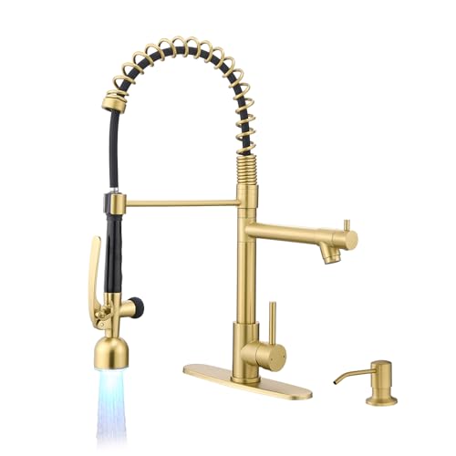 Image of Fapully Commercial Kitchen Faucets with Pull Down Sprayer Brushed Gold LED