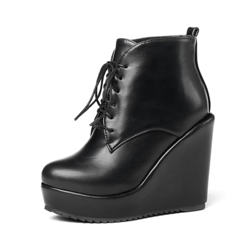 CSRZPMG Women Wedge Ankle Boots Casual Fashion Lace up Wedges Platform Round Toe Heeled Booties Trendy Winter Warm Dress High Heel Short Boots