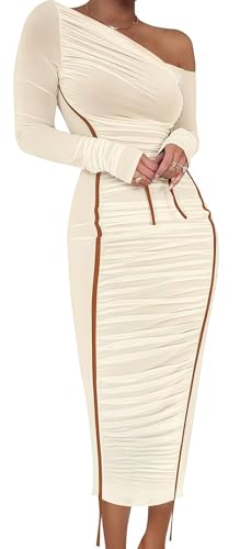 Women's Long Sleeve Mesh Dress - Bodycon Off Shoulder Mesh Ruched Cocktail Club Maxi Dresses