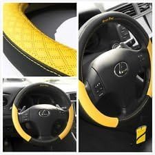 58012 Black + Yellow Leather Steering Wheel Cover