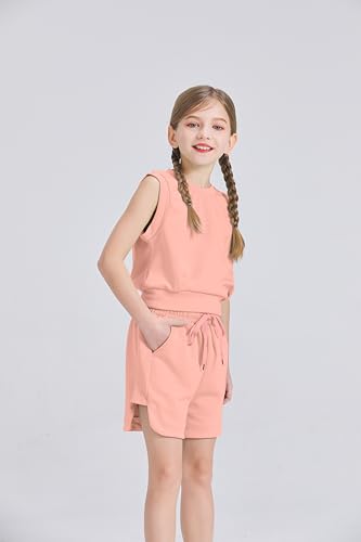 Image of Girls 2 Piece Outfits 2025 Trendy Clothes Summer Cute Sleeveless Tops Shorts Clothing Sets Activewear