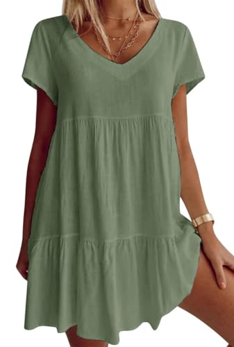 Image of Fangetey Women's V-Neck Tunic Dresses Short Sleeve Button Down Loose Casual Summer Short Flowy Swing Dress Green