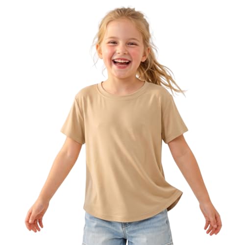 Image of WELAKEN Girls Soft T-Shirt with Curved Hem, Breathable Stretchy Rayon Crewneck Short Sleeve Tees, Kids Everyday Basic Top
