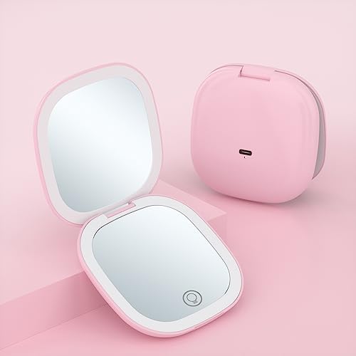 LA TALUS Cosmetic Mirror Magnifying Handheld Mirror Double Sided Adjustable Soft Light Illuminated Foldable Touch Screen and LED Light Makeup Mirror Tricolor Light Daily Travel Use Pink