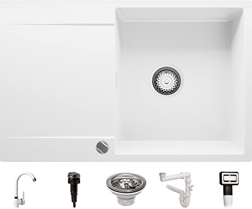 Evier Cuisine en Granit Blanc, 78 x 50 cm, Lavabo 1 bac + Robinet + Kit de Vidage Automatique, Évier à Encastrer de Primagran