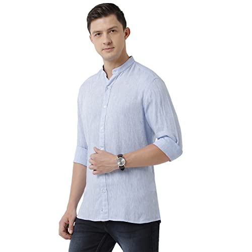 Image of Linen Club Men's Pure Linen Blue Chambray Slim Fit Full Sleeve Casual Shirt