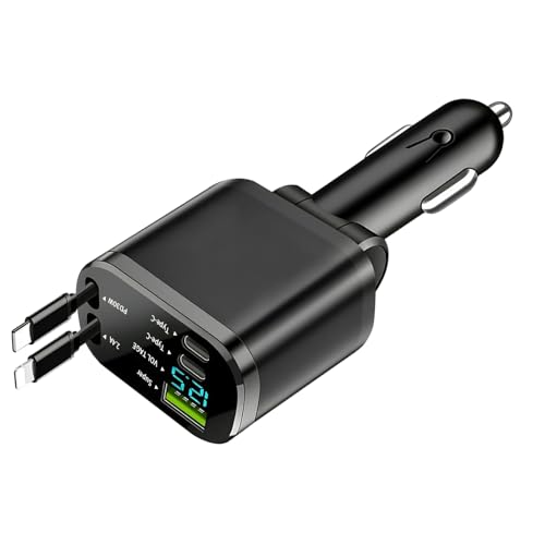 5 in 1 Caricatore Auto USB C 75W, Usb Accendisigari Auto, Carica Batteria per Auto Cellulare con Cavi a Scomparsa USB C Display Voltmetro Integrato 12V/24V per MacBook Galaxy S25 iPhone