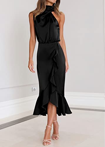 Image of KIRUNDO Women's Summer Satin Mock Neck Wedding Guest Dress | Party Cocktail Midi Dress, 2026 Spring Fashion, Silky, Elegant Classy Halter High Neck, Sleeveless Wrap Ruffle Formal Dress