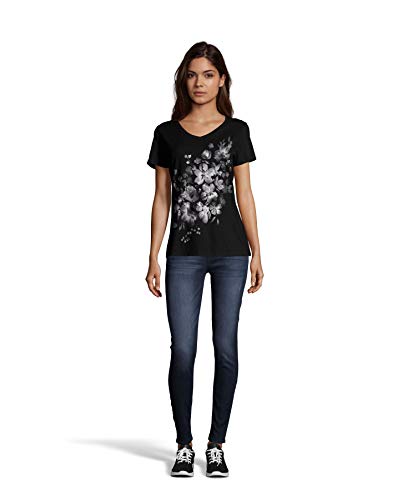 Hanes Womens Short Sleeve Graphic V-neck Tee (multiple graphics available), LARGE, BLACK