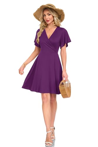 AUSELILY Damen Kleid Sommer Strandkleid Rüschenärmeln V-Ausschnitt Elastischer Taille und Taschen Swing Urlaubskleid Lila XXL 2