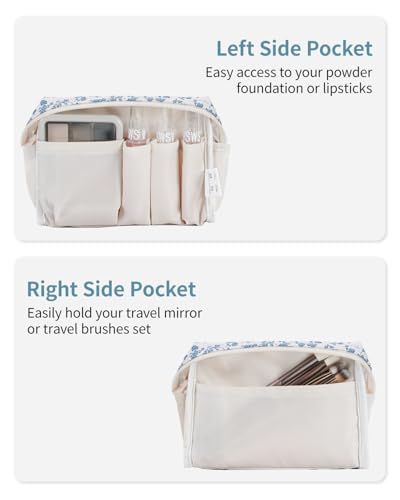 Narwey Small Cute Floral Makeup Bag for Purse Mini Cosmetic Bag Travel Makeup Pouch Zipper Pouch Cute Make up Bags with Compartments for Women Girls (Little Blue Flower, Small)