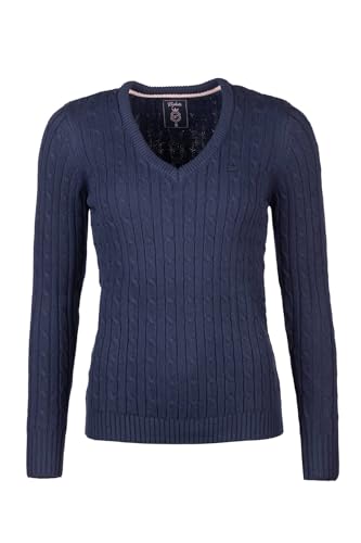 Image of Rydale Ladies V Neck Cable Knit Jumper Womens Chunky Knitted Jumper Pullover Sweater (UK, Numeric, 14, Regular, Regular, Navy)