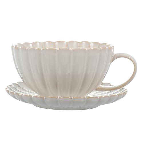 EXAOMBLE 復古製菊花カップ ソーサー こぼれにくいフィット設計 多用途セラミックマグ 来客用コーヒー ティー 水用食器 家 オフィス カフェ対