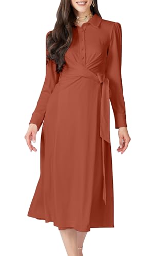 KOH KOH Womens 2025 Long Sleeve Flowy Wrap Collar Fall Modest Work Office Midi Dress