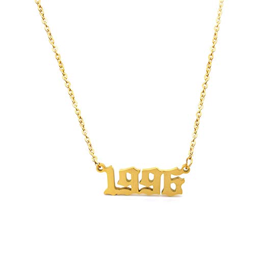 Old English Birth Year Necklace for Women Stainless Steel 18K Gold Plated Special Gothic Date Year Number Pendant Necklaces Friendship Jewelry 1996 Gold