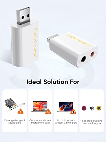 Image of CableCreation USB to 3.5mm Jack Audio Adapter, External USB Stereo Sound Card with 3.5mm Headset and Microphone Jack for PS4, PS5, Windows, Mac, Linux, Plug and Play, White