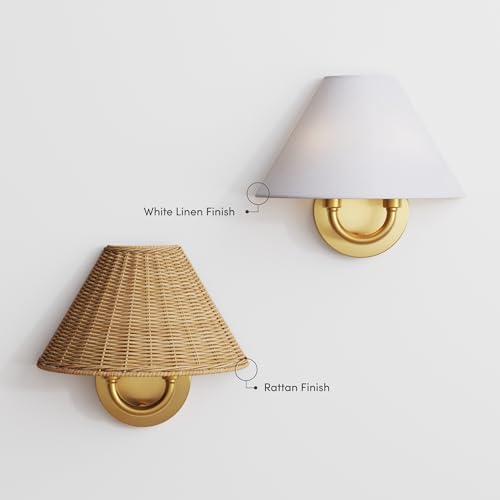 Image of Nathan James Shoal Modern Wall Light Fixture with White Linen Lamp Shade and Vintaged Brass Metal Base for Bedroom or Living Room