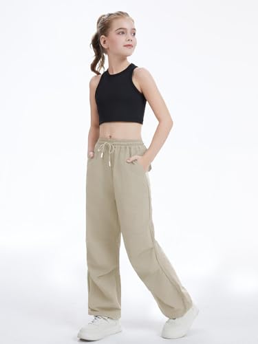 Image of Girls Parachute Cargo Pants Drawstring Waterproof Causal Hiking Pants for Girls Pockets Lightweight Running Joggers