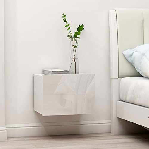 TJROO Dormitorio 40 x 30 x 30 cm Estante de pared con 2 cajones Mesita de noche colgante blanco brillante armario mueble ahorra espacio mesa de noche de aglomerado