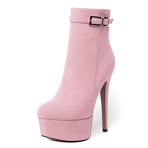 SKYSTERRY Womens Platform Zip Party Round Toe Fashion Suede Stiletto High Heel Ankle High Boots 6 Inch