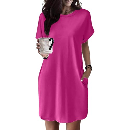 Vestido de camiseta suave para mujer, manga corta, informal, túnica de verano, suelto, con bolsillos, Rosa intenso., M