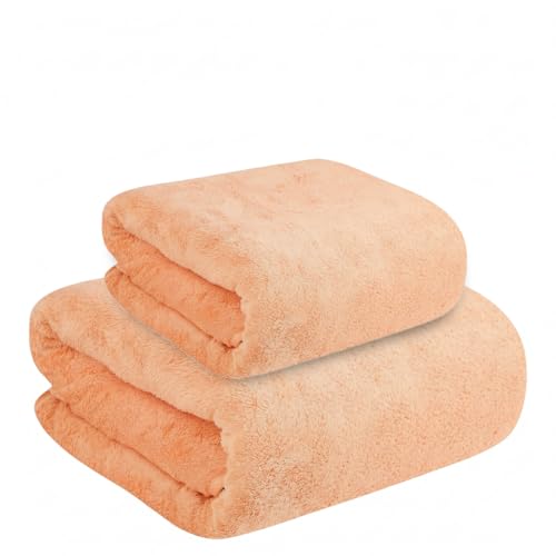 Image of Dribble Coral Fleece Microfiber Towel Set | Ultra Soft & Highly Absorbent Hand Towel + Bath Towel | 450 GSM Quick Dry Towels for Bathroom, Home, Gym & Travel (Pack of 2, Peach)