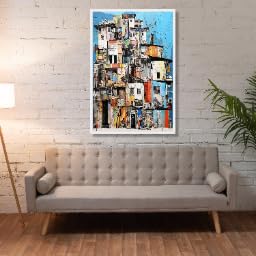 Collage urbain abstrait 60x80cm toile coloree paysage moderne