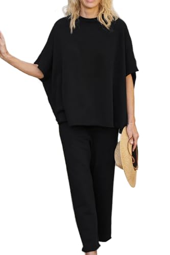 Feager Sweatsuit Sets Women 2 Piece Lounge Sets Short Sleeve Pullover Tops Wide Leg Pants