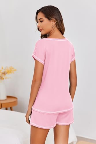 Image of Ekouaer Womens Pajama Sets 2 Piece Soft Short Sleeve Top and Shorts Sleepwear Round Neck Pjs Lounge Set with Pockets