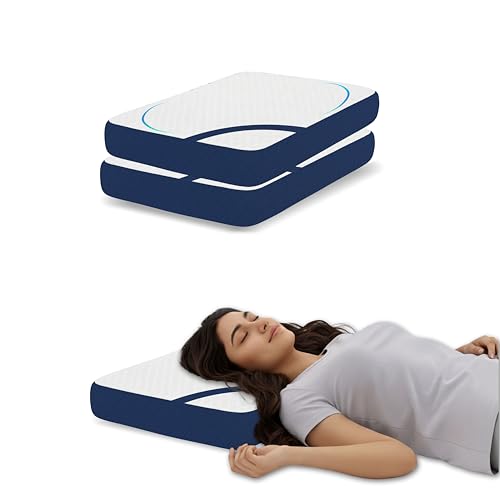 Image of Orthopedic Bedding, Memory Foam Cervical Pillow Set of 2 for Neck Pain Relief, White and Blue Jacquard Case with Zipper, Ergonomic Support for Aligned Spine,50x30x6 cm