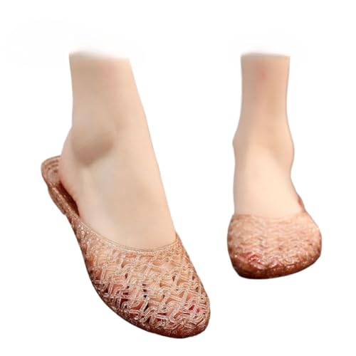 Clear Jelly Sandals for Women Sparkly Jelly Flats Hollow Water Slides Slip On House Slippers Wide Round Toes Lightweight Breathable Summer Dress Shoes Beach Party Cruise Vacation No Slip Low Heel