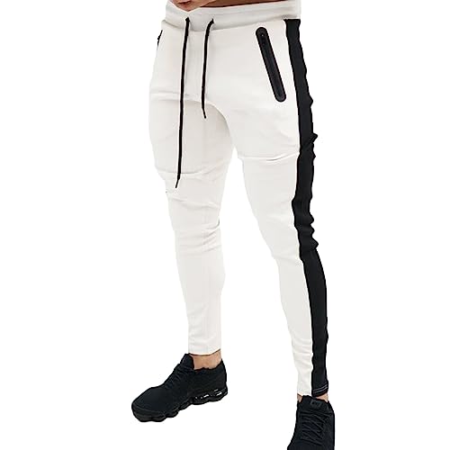 evzosrz Mens Joggers Sweatpants Stripe Slim Fit Workout Training Gym Joggers Fashion Pants Streetwear Bottoms with Pockets White